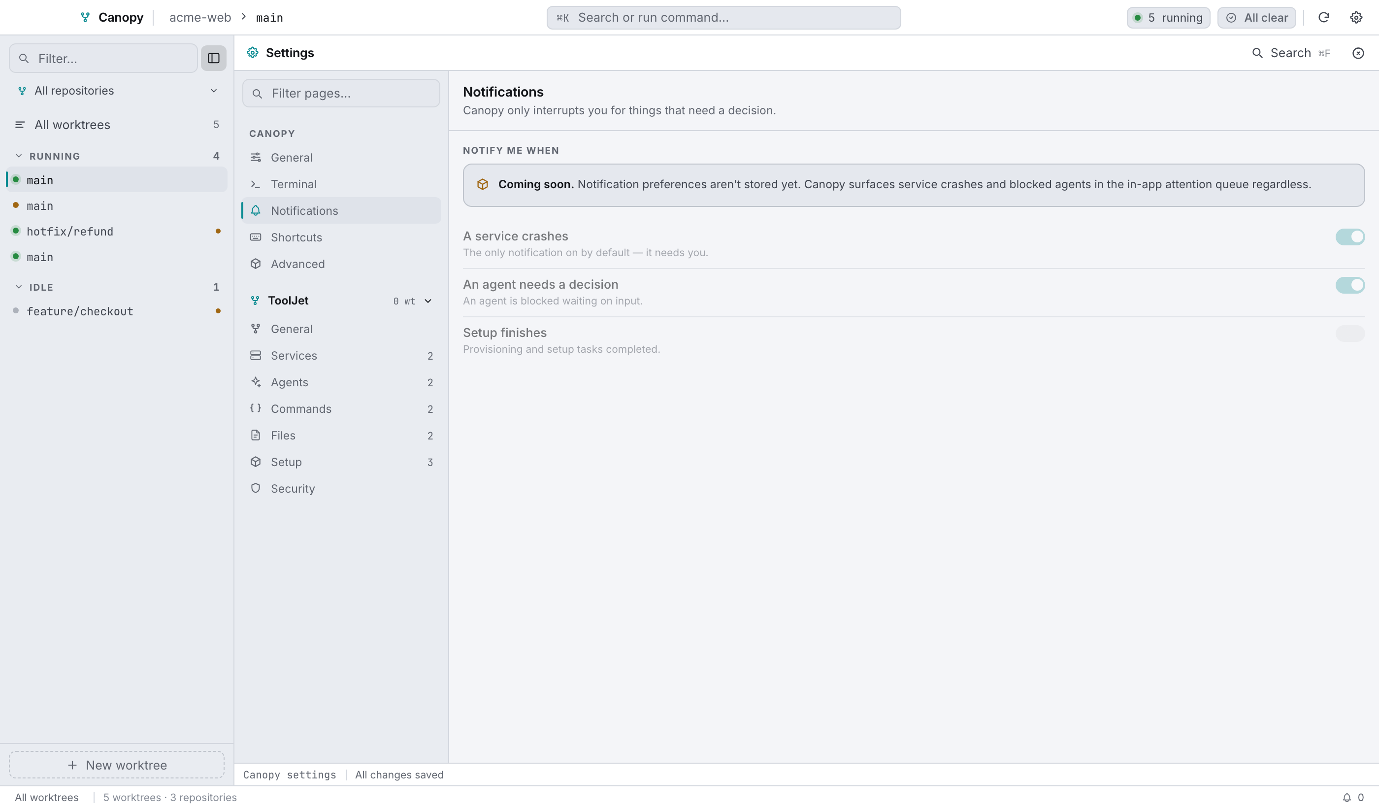 Notification preferences are not stored yet — the attention queue works regardless.
