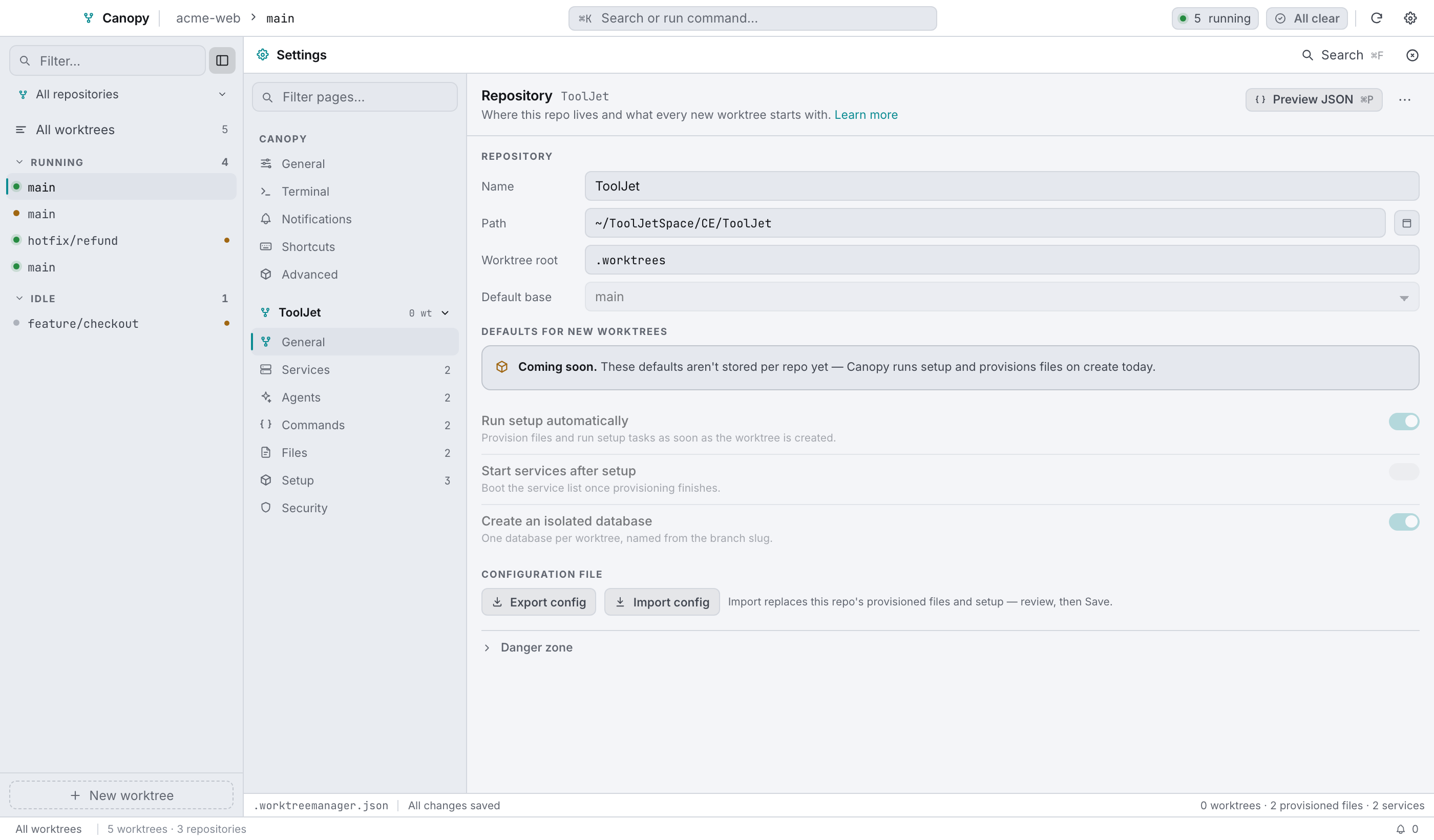 Repository → General: paths, defaults, config import/export, and the danger zone.