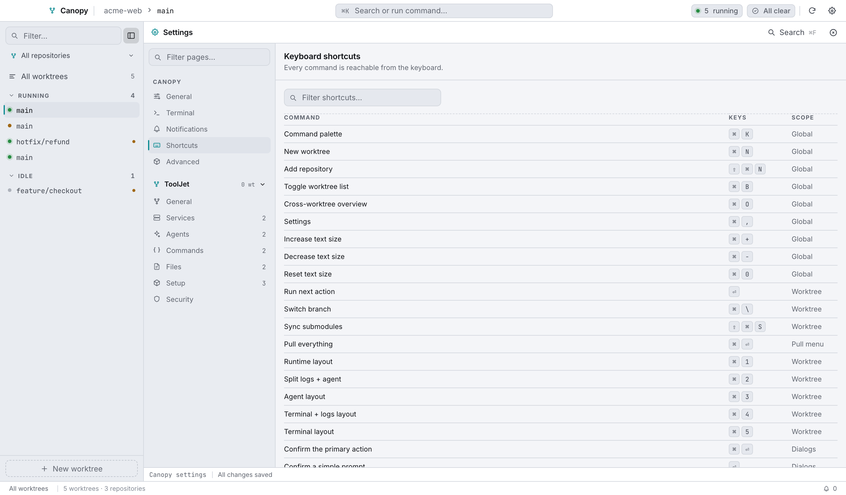 Settings → Shortcuts: the same reference, searchable.