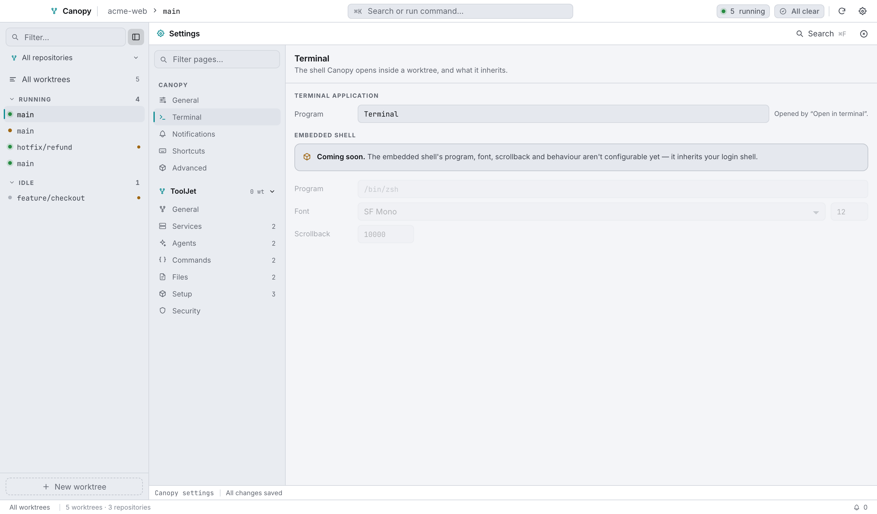 Settings → Terminal: the external terminal is configurable; the embedded shell is not yet.