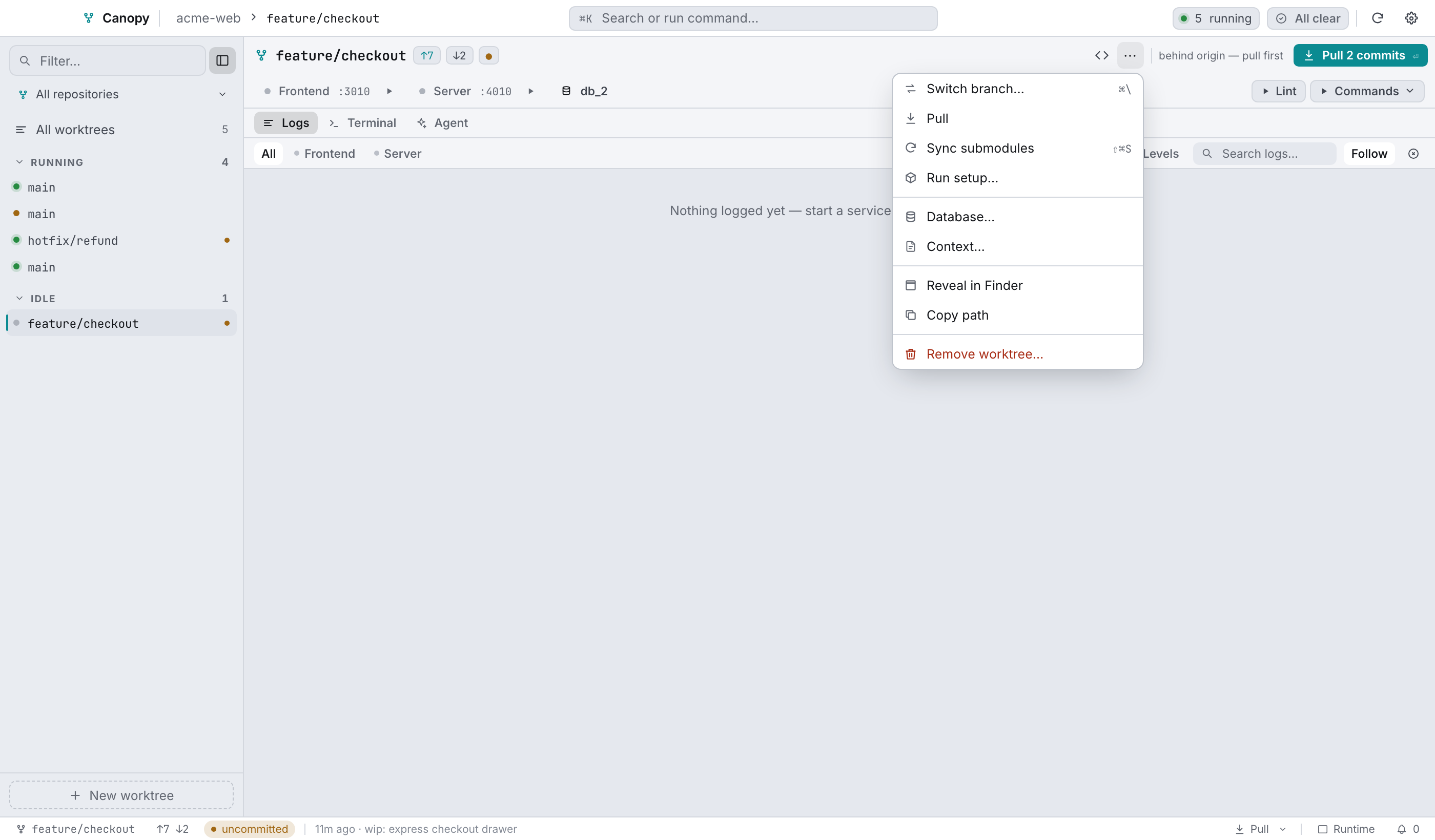 The worktree ⋯ menu: git operations, then file locations, then Remove worktree.